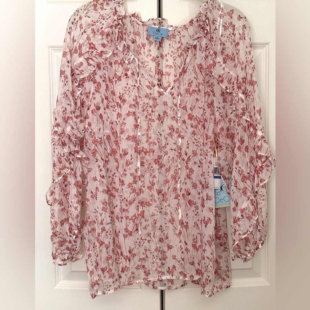 NWT CeCe Sheer Pink Floral 3/4 length sleeve Blouse Size XL